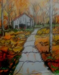 Original Autumn Trees & Old Country Barn Scene GG - 9” x 12” Colored Pencil