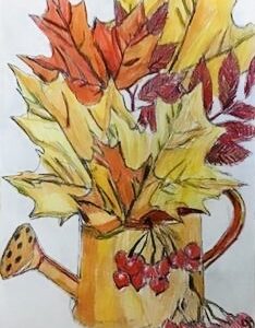 Original Bouquet Autumn Leaves GG- 9” x 12” Colored Pencil
