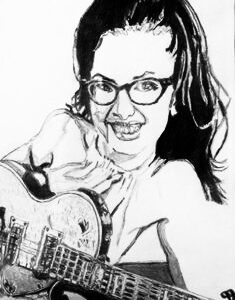 Original Singer Songwriter Lisa Loeb Playing Guitar GG - 8” x 11” Black & White Colored Pencil