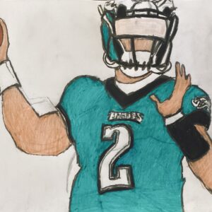 Original Philadelphia Eagles Quarterback Jalen Hurts 48 GG - 9” x 12” Colored Pencil