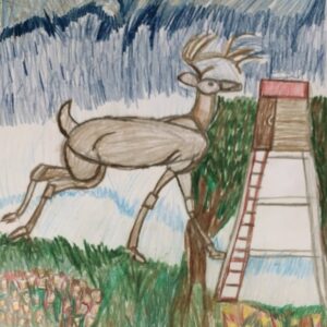 Original Big 6 Point Buck Overlooking Evening Field With Eating Corn GG - 9" x 12" Colored Pencil