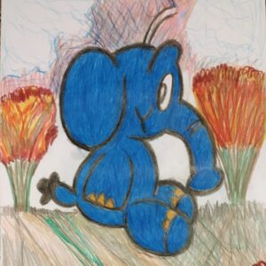 Original Blue Elephant Out In Open Of Autumn Sunset & Fall Trees GG - 9" x 12" Colored Pencil