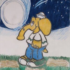 Original Cute Elephant In Night Moon Set Smiling GG - 9" x 12* Colored Pencil