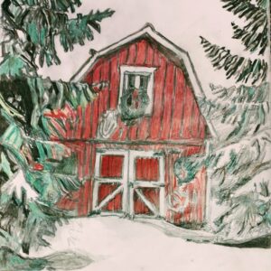 Original Winterland Snow Holiday Country Barn Land With Evergreens GG - 9" x 12" Colored Pencil