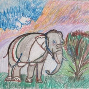 Original Elephant In Deep Field During Autumn Sunset PRAYING GG - 9" x 12" Colored Pencil