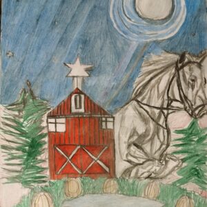 Original Snow Winterland Cabin In Moon Horse Reflecting Of Night  GG - 9" x 12" Colored Pencil