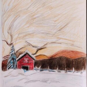 Original Country Christmas New Year Barn With Colorful Snow GG - 12" x 9" Colored Pencil
