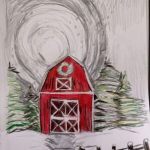 Original Christmas New Year Snowy Barn In True Spirit GG - 12" x 9" Colored Pencil