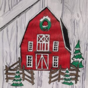 Original Country Holiday Montana Winter Barn & Evergreens GG - 9" x 12" Colored Pencil