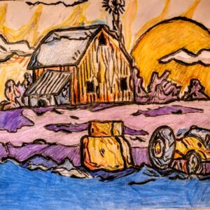 Original Country Iowa Barn, Haystack, & Tractor At Autumn Sunset GG - 9" x 12" Colored Pencil