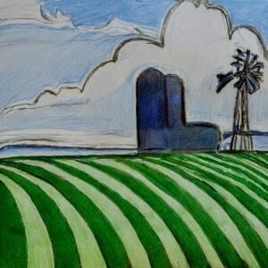 Original Country Iowa Old Silos & Windmill farm GG - 9" x 12" Colored Pencil
