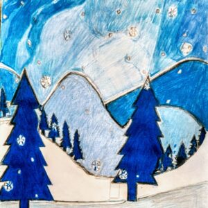 Original Winterland Of Snowy Montana With Evergreens GG - 9" x 12" Colored Pencil