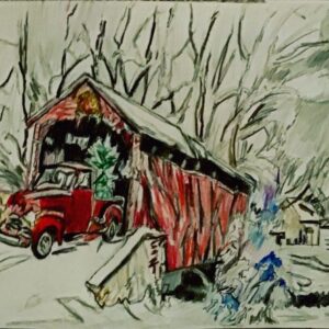 Original Evergreen Vermont Old Truck In Snow With Bridge GG - 9" x 12" Colored Pencil
