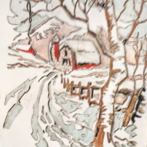 Original Colorado Holiday Winter Snow Barn Land With Pretty Oak Trees GG - 9" x 12" Colored Pencil