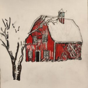 Original Philadelphia, PA Country Winter Barn Landscape With Snow & Oak Trees GG - 9" x 12" Colored Pencil