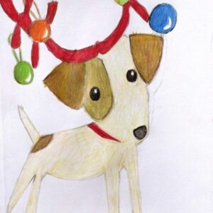 Original Cute Christmas New Year Dog With Reindeer Crown GG - 12” x 9” Colored Pencil