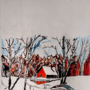Original Holiday Winterland Christmas New Year Barn Reflection & Trees GG - 12” x 9” Colored Pencil