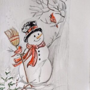 Original Snowman in Christmas Christian Spirit With Broom GG - 12” x 9” Colored Pencil