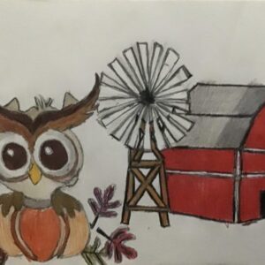 Original Autumn Owl With Windmill Barn GG - 9” x 12” Colored Pencil