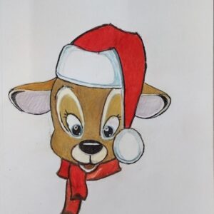 Original Christmas Female Rudolph In Scarf GG - 12" x 9" Painting & Colored Pencil