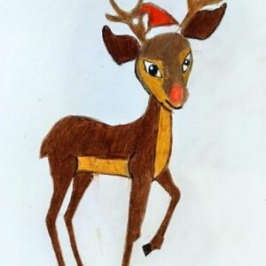 Original Cute Christmas Reindeer Praising GG - 12" x 9" Paint & Colored Pencil