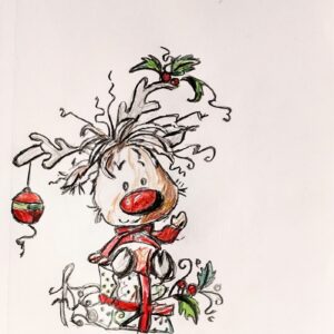 Original Cute Reindeer Smiling Remembering The Boss Sweet Jesus GG - 12" x 9" Painting & Colored Pencil