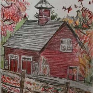 Original Old Autumn Country Cabin With Maple Trees & Fence GG - 9" x 12" Colored Pencil
