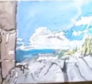 Original Switzerland With Artist Friend Cora Crettenand In Front Of Old Rock View GG - 15" x 30" Canvas Painting