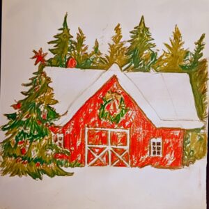 Original Holiday Vermont Christmas New Years Country Winter Barn Cabin Tree Celebration Of Our Sweet Jesus GG - 9" x 12" Colored Pencil