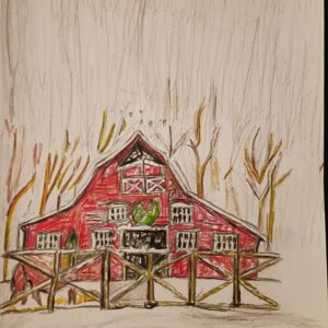 Original Old Classic Christmas Winter Holiday Cabin In North Vermont GG - 9" x 12" Colored Pencil