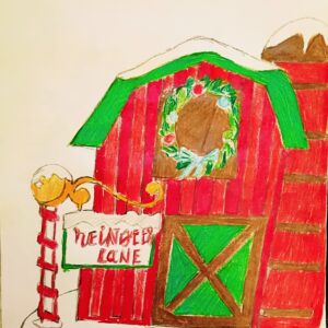 Original Reindeer Lane Christmas New Year Celebration Of Important Jesus With Old Country Winter North Pole Barn Cabin GG - 9" x 12" Colored Pencil