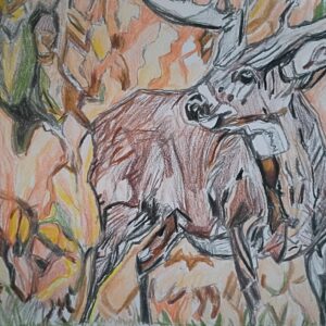 Original Cute Autumn & Winter Buck Praising Jesus In Christian Spirit GG - 9" x 12" Colored Pencil