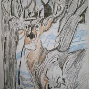 Original Praising Buck In Christmas New Year White Snow Spirit GG - 9" x 12" Colored Pencil