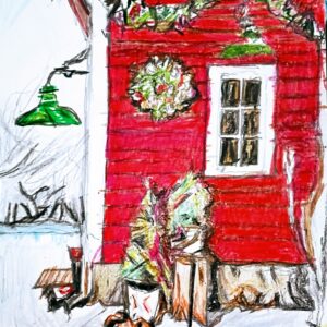 Original Christmas New Year Alabama Country Celebration Old Cabin Barn GG - 9" x 11" Crayon