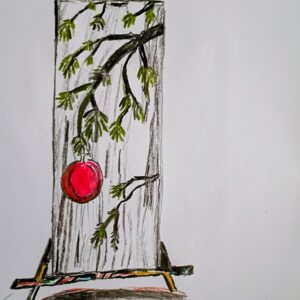 Original Christmas New Year Wood Decorated On Eisel GG - 12" x 9" Colored Pencil