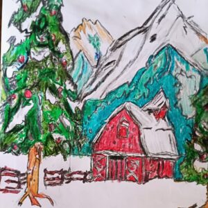 Original Cripple Creek Christmas New Year Mountain Barn Winterland Of Colorado GG - 9" x 11" Crayon