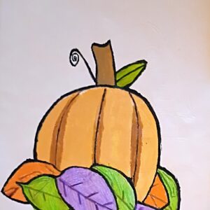 Original Cute Autumn October Pumpkin & Leaves GG - 9" x 12" Colored Pencil & Paint