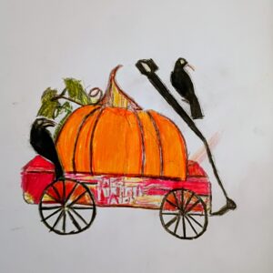 Original Cute Autumn Pumpkin Wagon With Leaves & Robins GG - 12" x 9" Colored Pencil