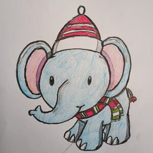 Original Christmas New Year Cute Elephant Praising Jesus Smiling GG - 9" x 12" Colored Pencil