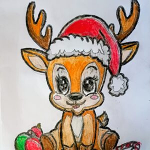 Original Cute Christmas New Year female Reindeer Smiling At Jesus GG - 9" x 11" Crayon