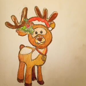Original Cute Small Adorable Female Reindeer Praising Jesus In Christmas New Year Spirit GG - 9" x 12" Colored Pencil