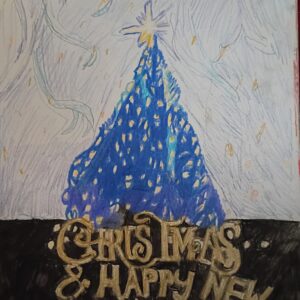 Original Christmas New Year Blue Decorated Tree GG - 9" x 12" Colored Pencil