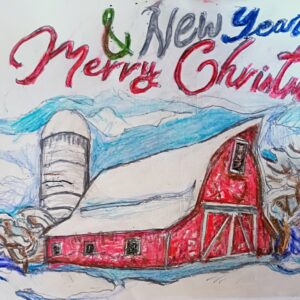Original Flagstaff AZ Christmas New Year Holiday Winterland & Old Country Barn With Trees GG- 9" x 11" Crayon
