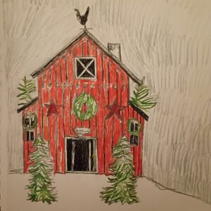 Original Holiday Christmas New Year Old Tennessee Country Barn Cabin Decoration GG - 9" x 12" Colored Pencil
