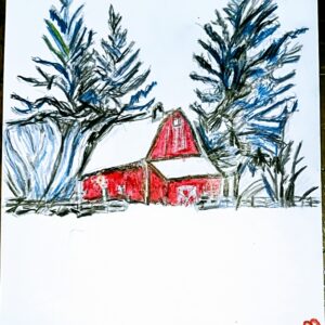 Original Holiday Christmas New Year Old Winterland Memphis TN Country Barn With Evergreens GG - 9" x 11" Colored Pencil & Crayon
