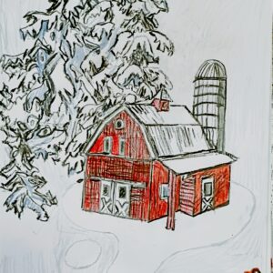 Original Holiday Christmas New Year Winterland In Montana With Old  Country Barn & Evergreens GG - 9" x 11" Colored Pencil