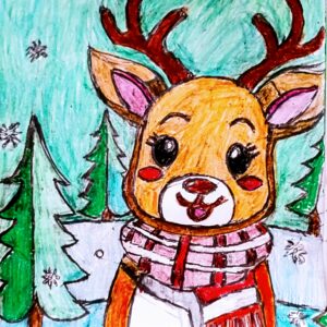Original Holiday Winterland Christmas New Year Cute PRAYING Adorable Female Reindeer In Bitter Cold GG - 9" x 11" Crayon