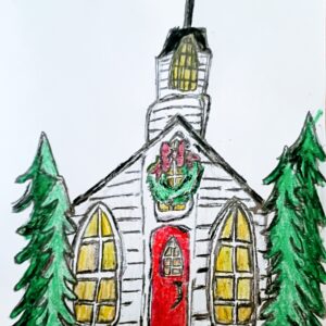 Original Old Vermont Church Decorated In Christmas New Year Holiday Joyfulness GG - 9" x 11" Crayon