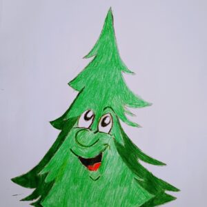 Original Smiling full Christmas Tree Thanking Jesus Being Born GG - 12" x 9" Colored Pencil