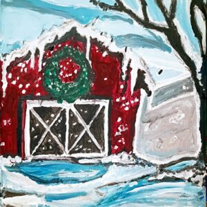 Original Boulder Colorado Winterland Christmas New Year Old Country Barn & Oak Tree GG - 9" x 12" Canvas Painting